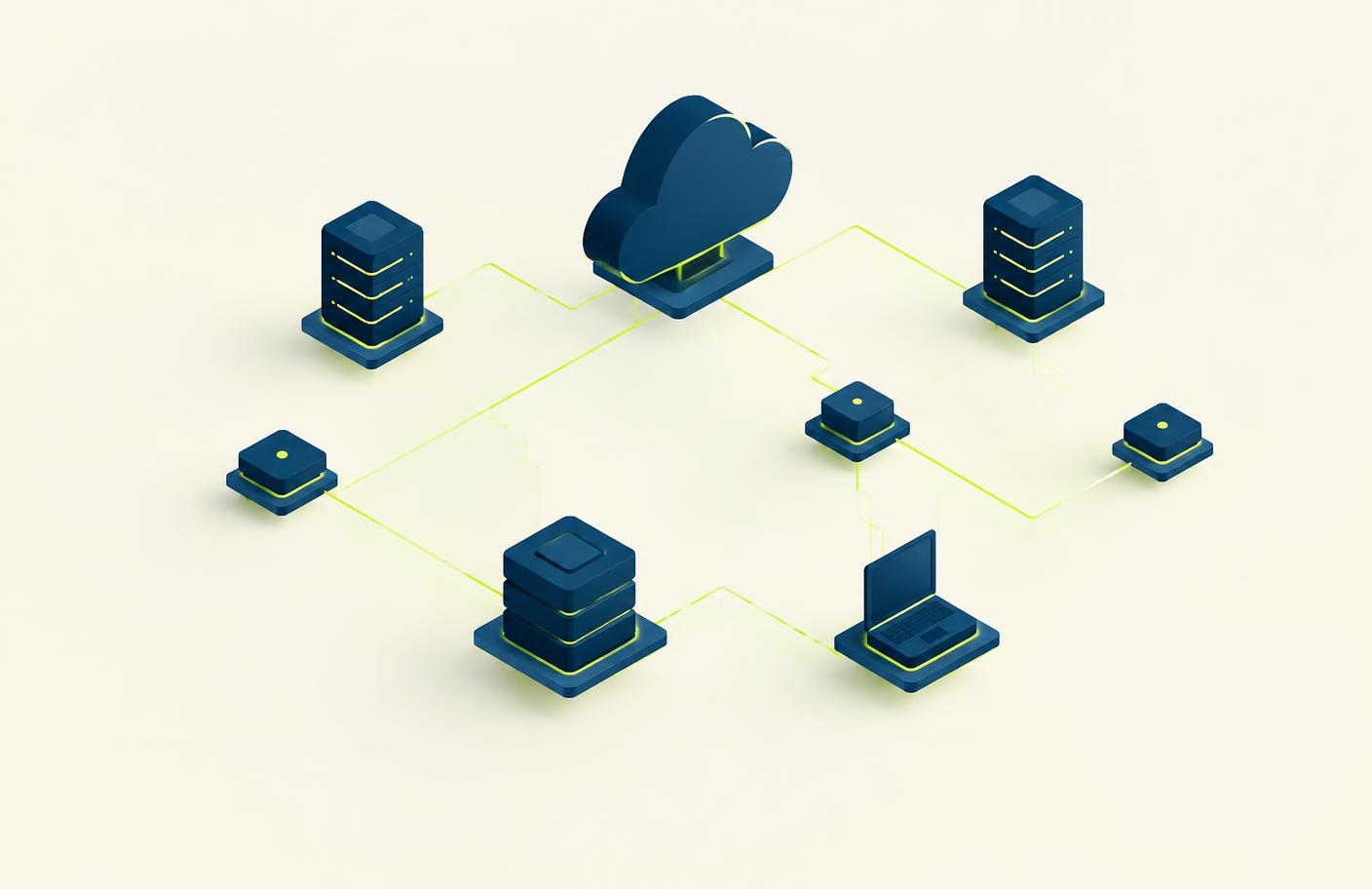 Isometric illustration of cloud services connected to servers and devices