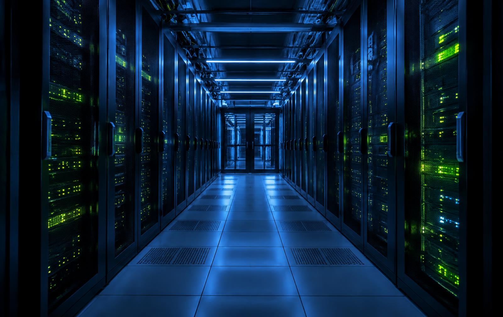 Illuminated corridor between rows of server racks in a modern data centre